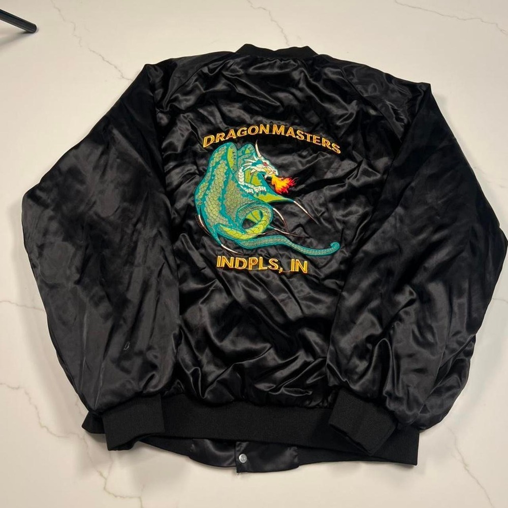 souvenir Satin Bomber Jacket Mens Black Dragonmasters Embroidered Vintage USA